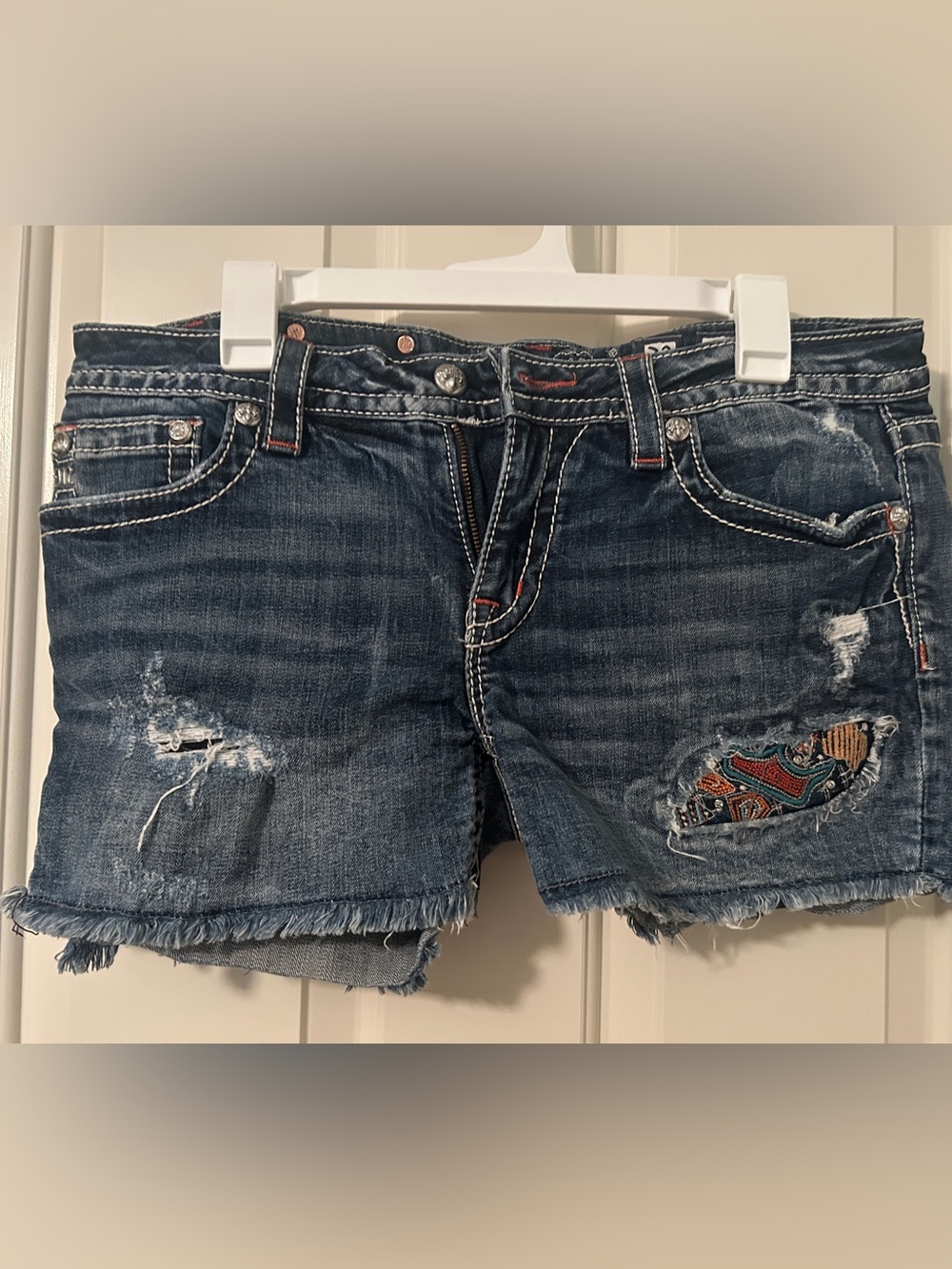 Miss Me Dark Blue Distressed Denim Shorts with Embroidered Patch